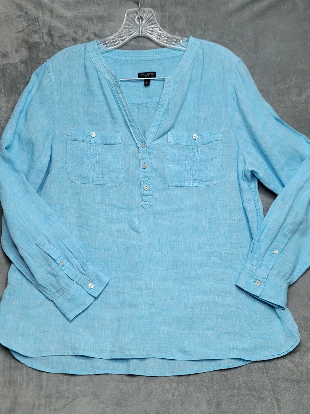 Talbots Linen Roll-Tab Sleeve Tunic Top Teal Blue Large